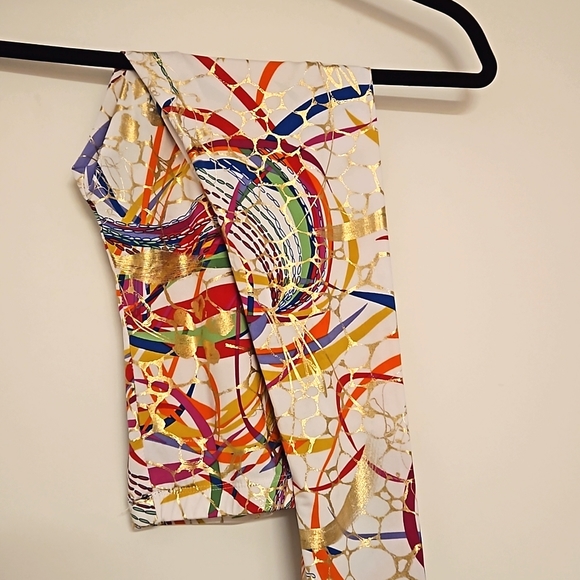 La Bes Multicolor abstract print gold metallic accents leggings sz.XS EUC - Picture 1 of 8